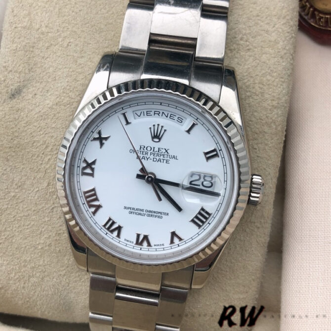 Replica Rolex Day-Date 118239 White Gold White Roman Numeral Dial 36mm Unisex Watch