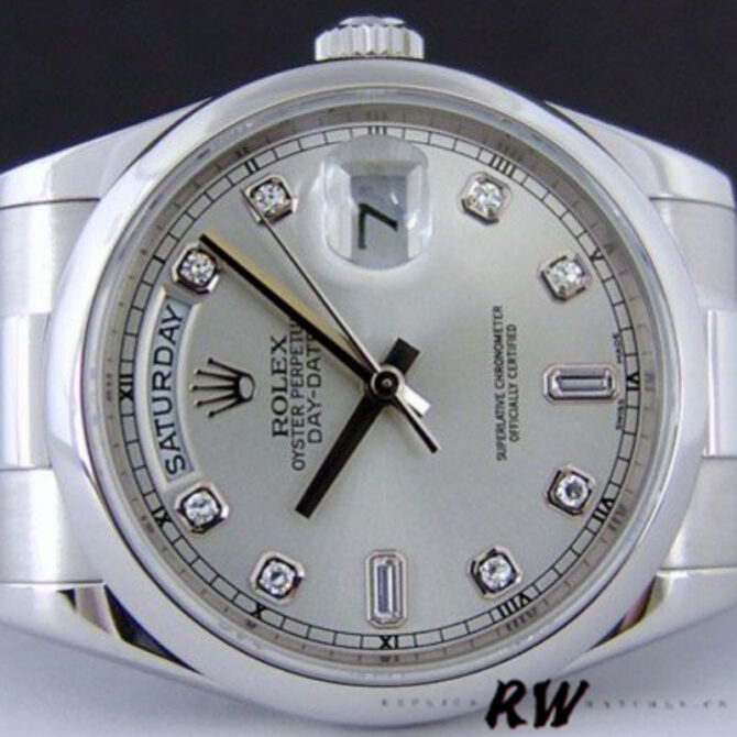 Replica Rolex Day-Date 118206 Silver Diamond Dial Platinum 36mm Unisex Watch