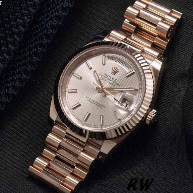 Replica Rolex Day-Date 228235 Sundust Stripe Motif Dial Fluted Bezel 40mm Mens Watch