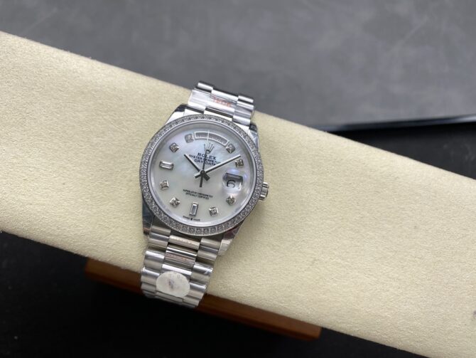Replica Rolex Day Date 36 Mother of Pearl Dial Diamond Bezel Platinum President m128396tbr 0005