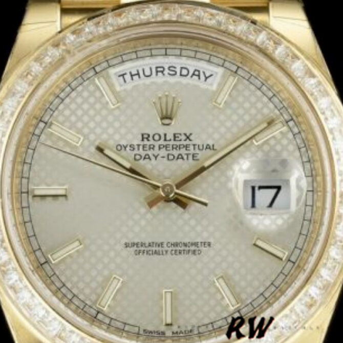 Replica Rolex Day-Date 228398TBR Silver Diagonal Motif Dial Diamond Bezel 40mm Mens Watch