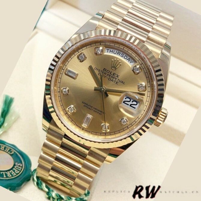 Replica Rolex Day-Date 128238 0008 Fluted Bezel Champagne Diamond Dial 36MM Unisex Watch