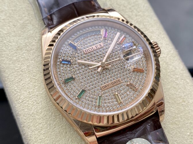 Replica Rolex Day Date 36 Diamond Paved Dial Fluted Bezel 18K Everose gold 128235 0039 President Watch