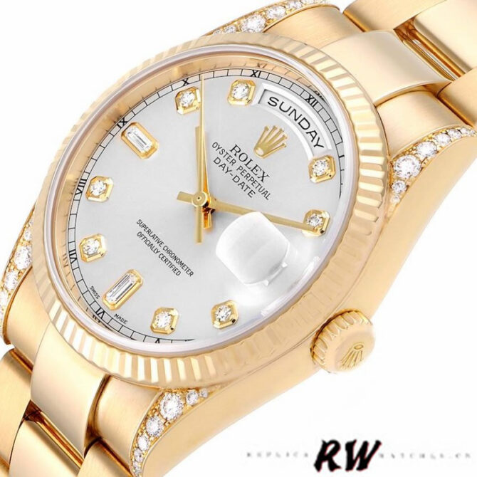 Replica Rolex Day-Date 118338 Yellow gold Silver dial 36mm Unisex Watch