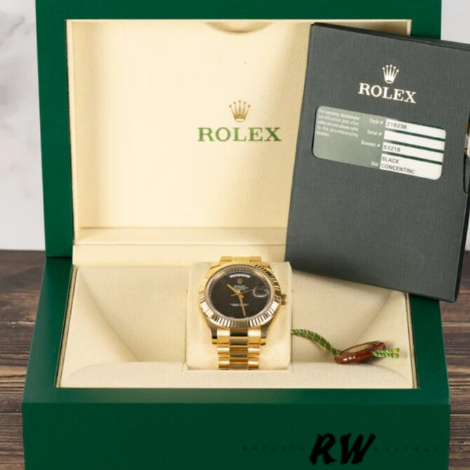Replica Rolex Day-Date 218238 Concentric Circle Black Dial Yellow Gold 41MM Mens Watch