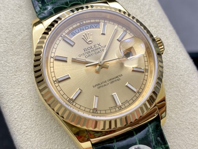 Replica Rolex Day Date 36 Yellow Gold Champagne Dial 118138 0125 Green Strap