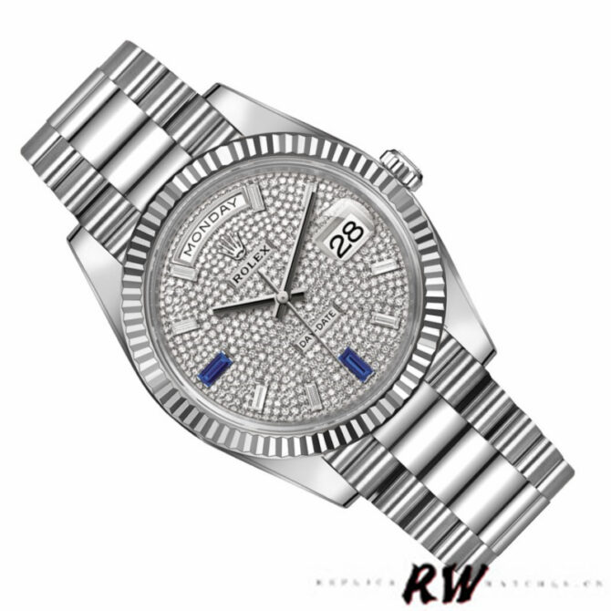 Replica Rolex Day-Date 228239 Diamond Paved Dial Fluted Bezel 40mm Mens Watch