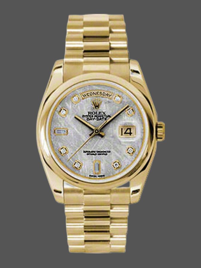 Replica Rolex Day-Date 118208 Yellow Gold Meteorite Grey Diamond Dial 36mm Unisex Watch