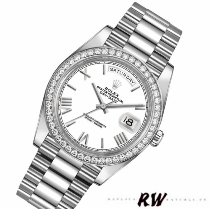 Replica Rolex Day-Date 228398TBR Silver Diagonal Motif Dial Diamond Bezel 40mm Mens Watch
