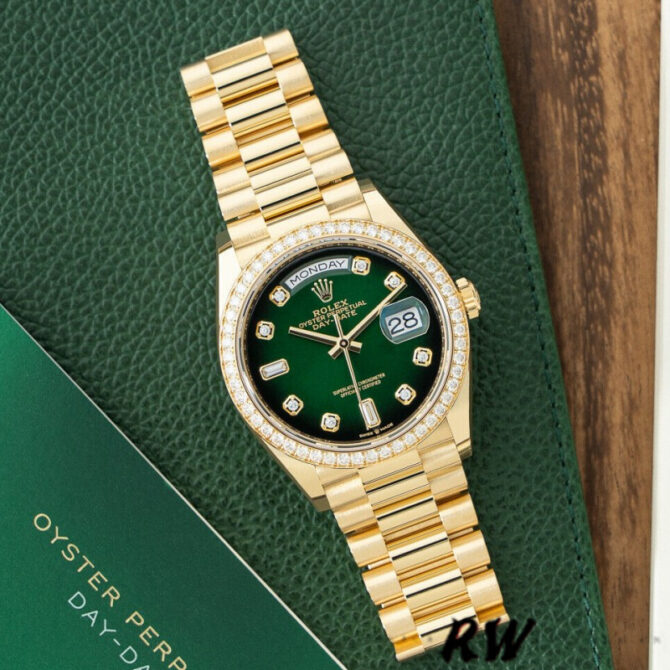 Replica Rolex Day-Date 128348RBR Green Ombre Diamond Dial Yellow Gold 36MM Unisex Watch