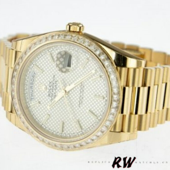 Replica Rolex Day-Date 228398TBR Silver Diagonal Motif Dial Diamond Bezel 40mm Mens Watch