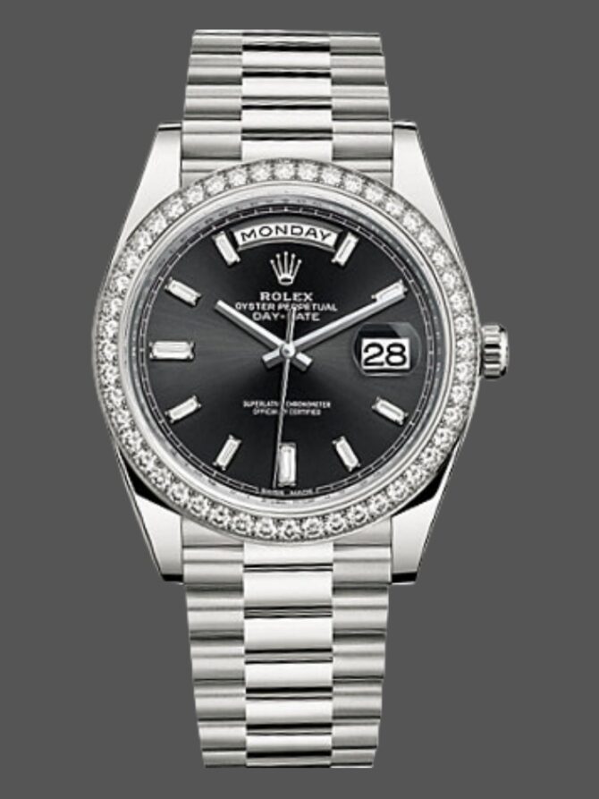 Replica Rolex Day-Date 228349RBR Black Dial Diamond Bezel 40mm Mens Watch