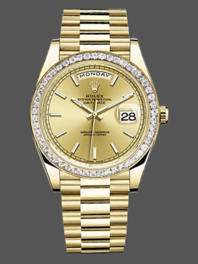 Replica Rolex Day-Date 228348RBR Champagne Roman Dial Diamond Bezel 40mm Mens Watch