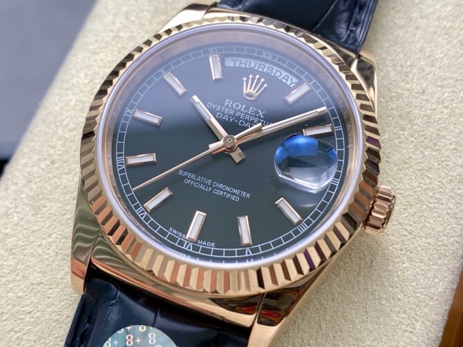 Replica Rolex Day Date 36 Everose Gold Black Dial 118135 0063 Leather Watch
