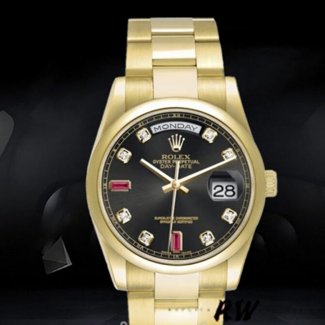 Replica Rolex Day-Date 118208 Black Diamond Dial Yellow Gold case 36mm Unisex Watch