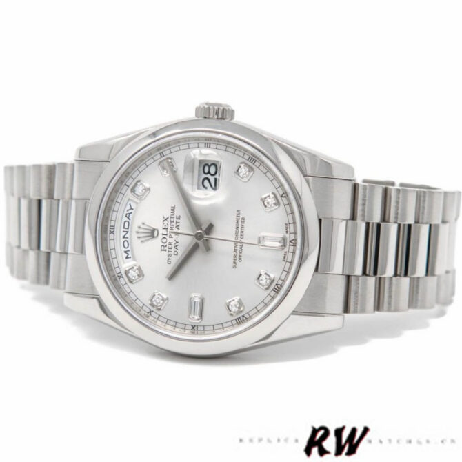 Replica Rolex Day-Date 118209 White Gold Silver Diamond Dial Automatic 36mm Unisex Watch