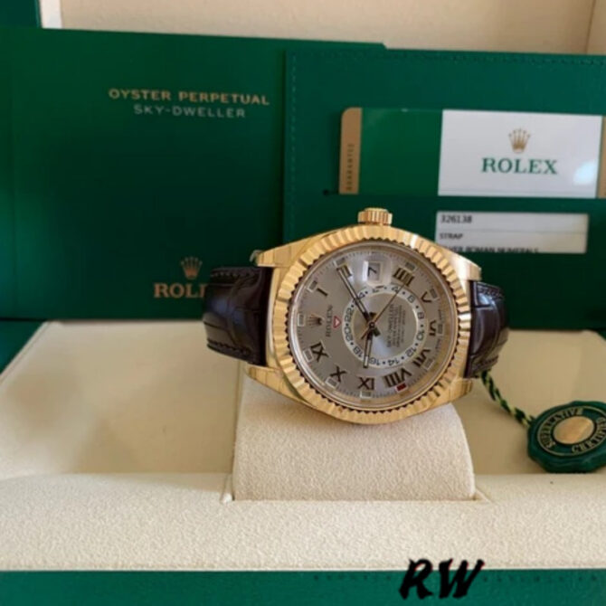 Rolex Sky-Dweller 326138 Sunray Silver Dial Yellow Gold 42MM Mens Replica Watch