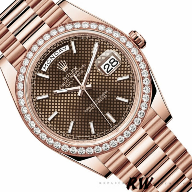 Replica Rolex Day-Date 228345RBR Chocolate Brown Diagonal Motif Dial Diamond Bezel 40mm Mens Watch