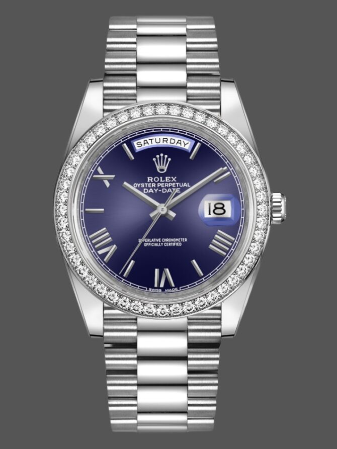 Replica Rolex Day-Date 228239 Diamond Paved Dial Fluted Bezel 40mm Mens Watch
