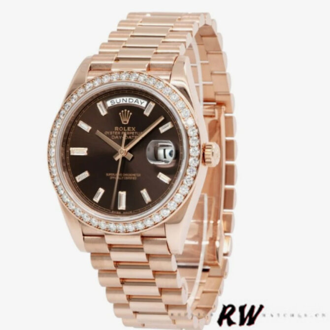 Replica Rolex Day-Date 228345RBR Chocolate Brown Diamond Dial Diamond Bezel 40mm Mens Watch