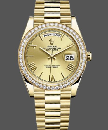 Replica Rolex Day-Date 228348RBR Champagne Roman Dial Diamond Bezel 40mm Mens Watch