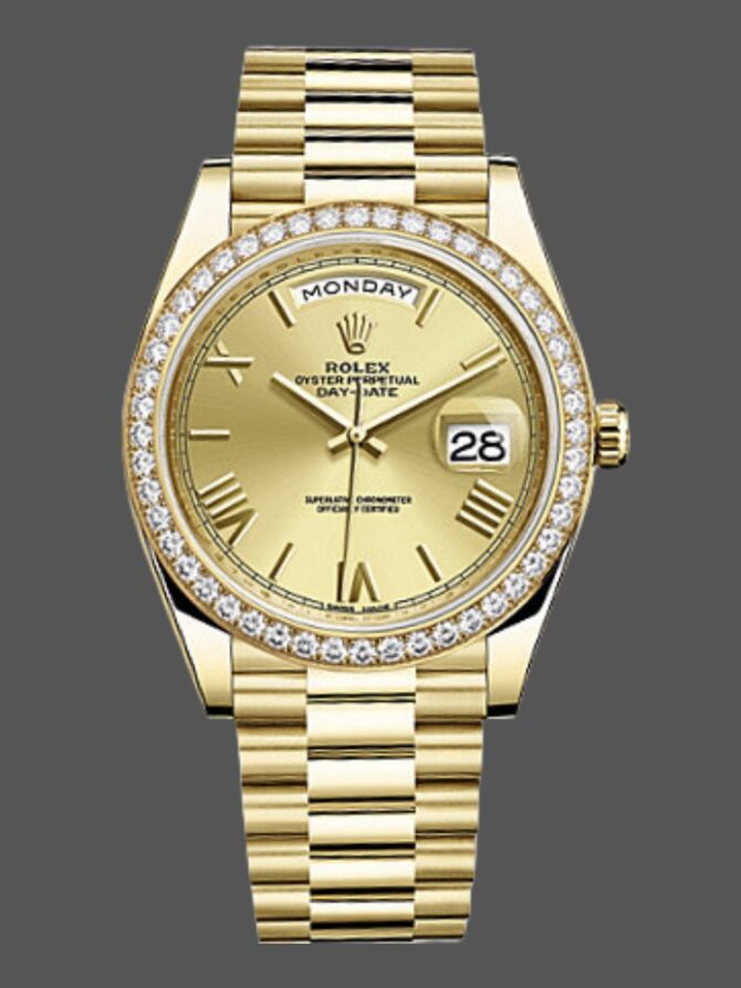 Replica Rolex Day-Date 228348RBR Champagne Roman Dial Diamond Bezel 40mm Mens Watch