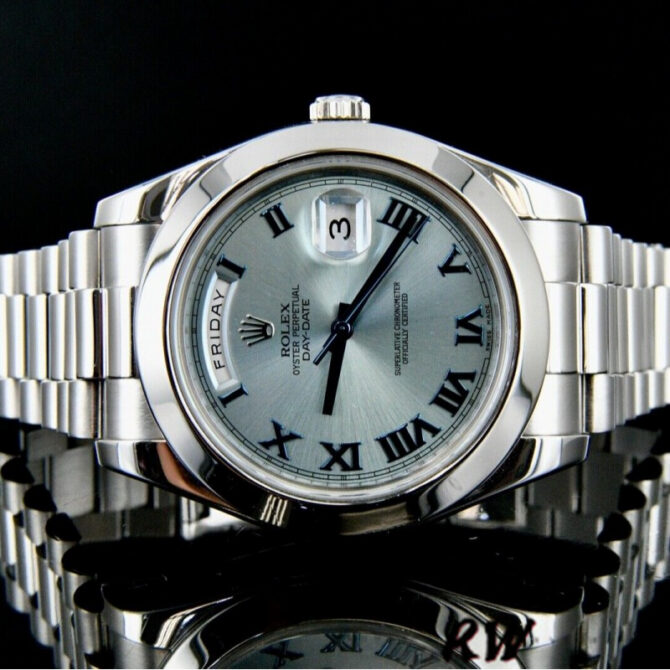 Replica Rolex Day-Date 218206 Ice Blue Roman Numeral Dial Platinum 41MM Mens Watch