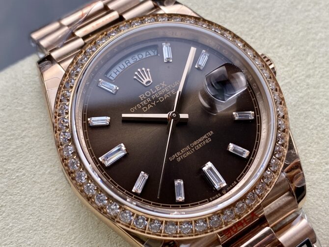 Replica Rolex Day-Date 228345RBR Chocolate Brown Diamond Dial Diamond Bezel 40mm Mens Watch