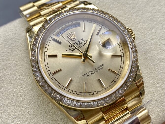 Replica Rolex Day Date 36 Yellow Gold Champagne Dial Diamond Bezel m128348rbr 0026