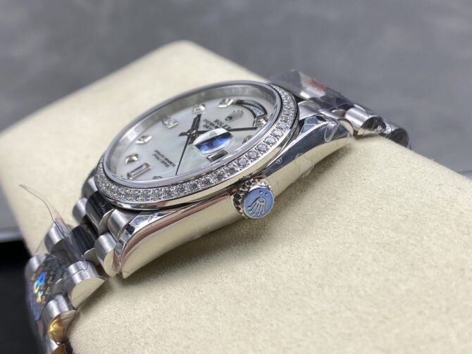 Replica Rolex Day Date 36 Mother of Pearl Dial Diamond Bezel Platinum President m128396tbr 0005