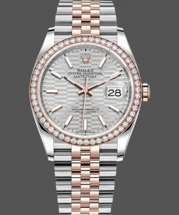 Rolex Datejust 36 Steel & Everose Gold Silver Fluted-Motif Dial Diamond Bezel M126281RBR 0021 Women's Watch