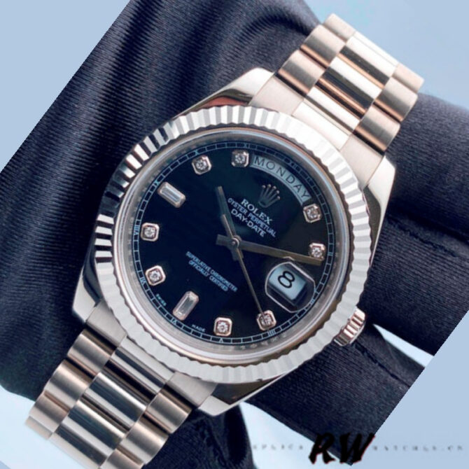 Replica Rolex Day-Date 218239 Diamond Black Dial White Gold 41MM Mens Watch