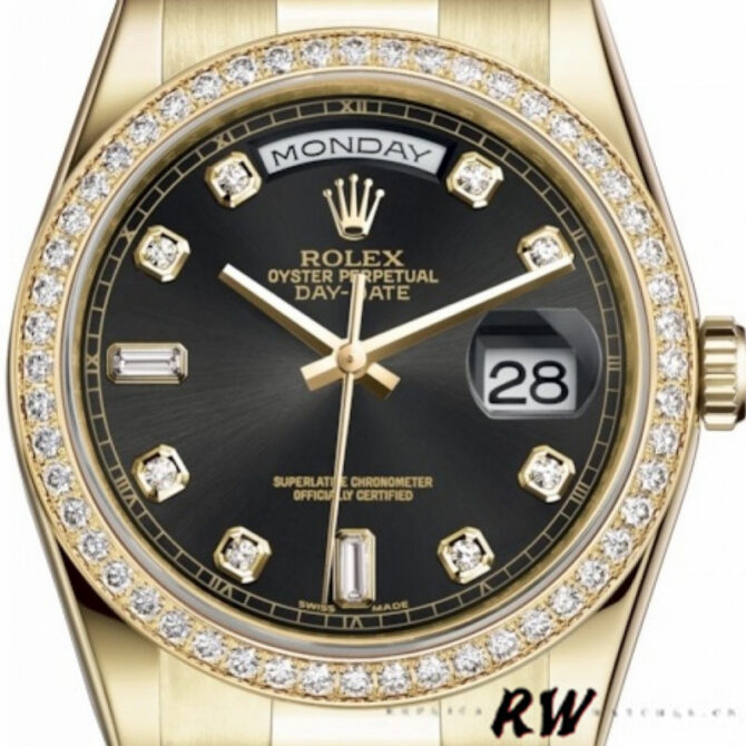 Replica Rolex Day Date 118348 Yellow Gold Black Diamond Dial 36mm Unisex Watch