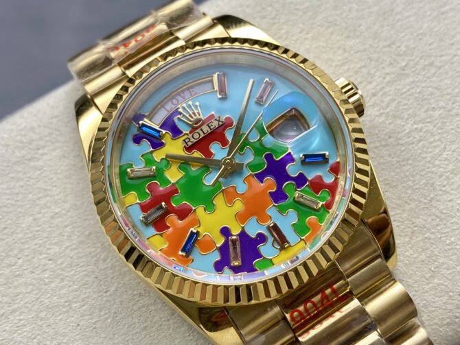 Replica Rolex Day Date 128238-0106 36mm Yellow Gold Fluted Bezel Emoji Puzzle Dial
