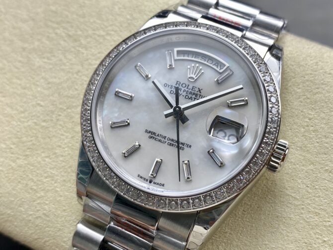 Replica Rolex Day Date 36 MOP Dial Diamond Bezel Platinum m128396tbr 0022