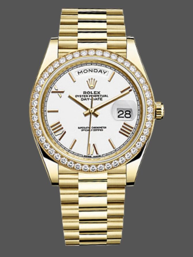 Replica Rolex Day-Date 228348RBR Champagne Roman Dial Diamond Bezel 40mm Mens Watch