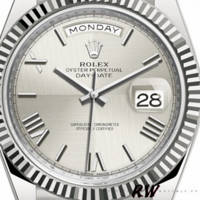 Replica Rolex Day-Date 228239 Silver Quadrant Motif Roman Dial Fluted Bezel 40mm Mens Watch