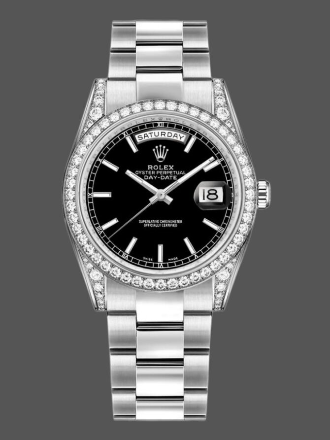 Replica Rolex Day-Date 118389 Diamond Bezel Black Index Dial 36MM Unisex Watch