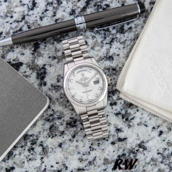 Replica Rolex Day-Date 118209 White Gold Silver Diamond Dial Automatic 36mm Unisex Watch