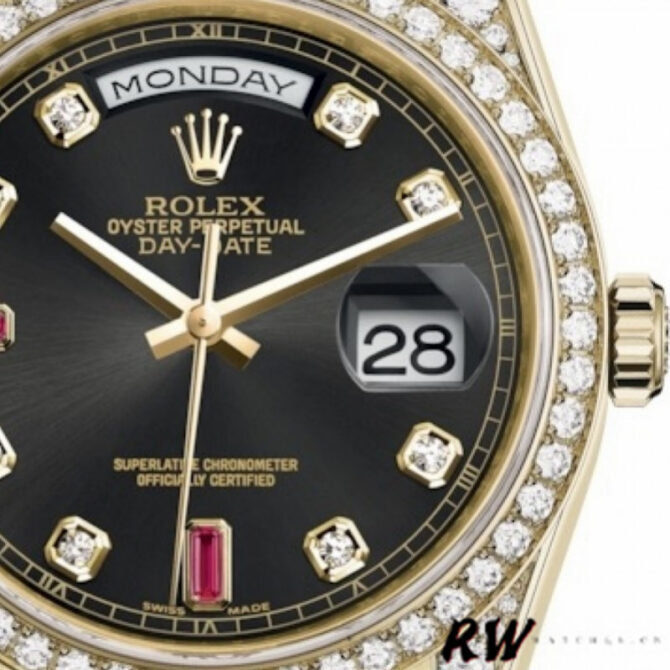 Replica Rolex Day-Date 118388 Yellow Gold Black Diamond Rubies Dial 36mm Unisex Watch