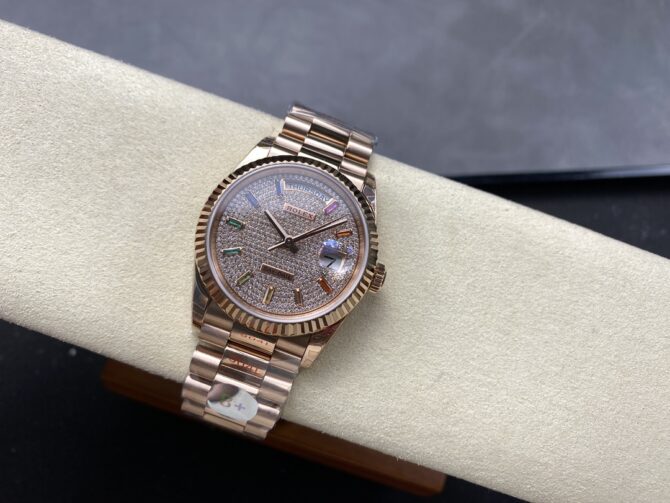 Replica Rolex Day Date 36 Diamond Paved Dial Fluted Bezel 18K Everose gold 128235 0039 President Watch