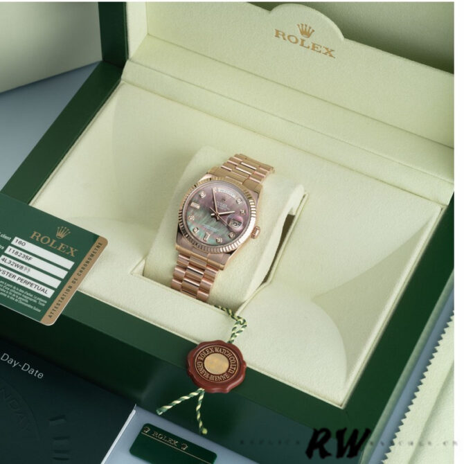 Replica Rolex Day-Date 118235 MOP Black Dial 36mm Unisex Watch