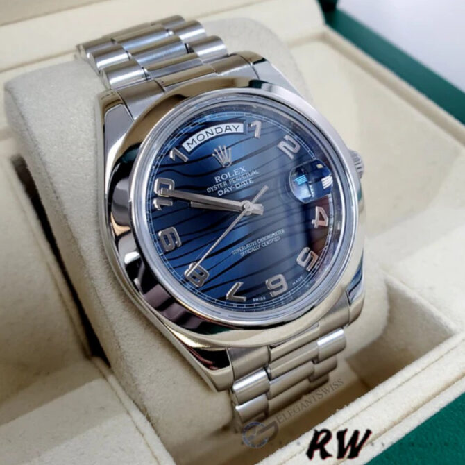 Replica Rolex Day-Date 218206 Wave Pattern Blue Dial Platinum 41MM Mens Watch