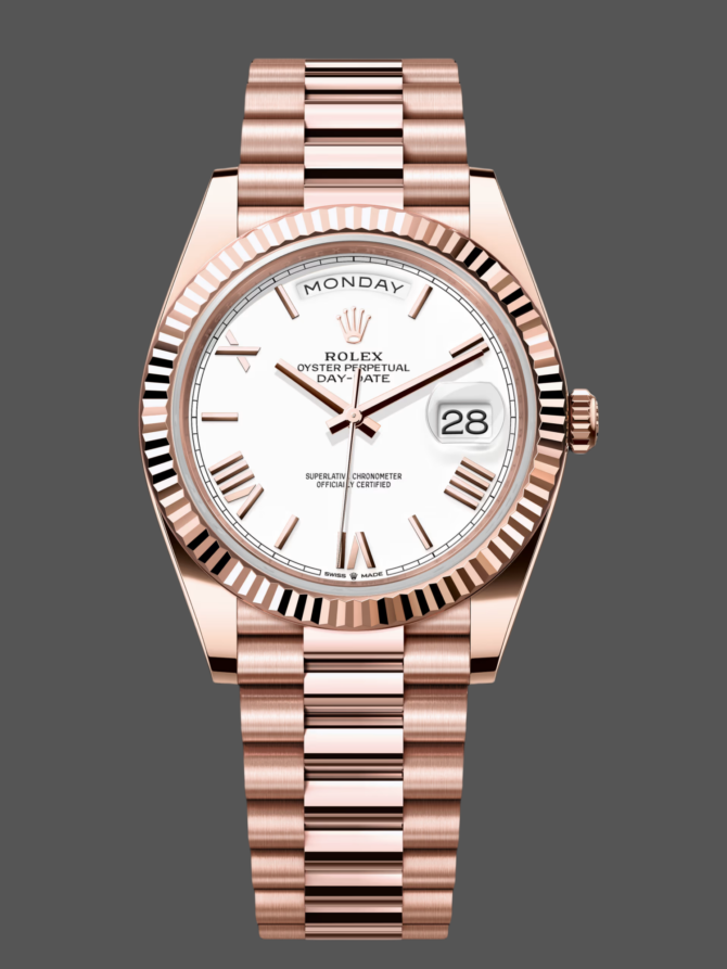 Replica Rolex Day-Date 228235 White Roman Numeral Dial Fluted Bezel 40mm Mens Watch
