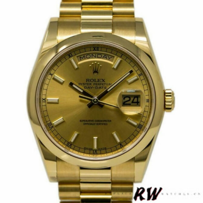 Replica Rolex Day-Date 118208 Yellow Gold Champagne Dial 36mm Unisex Watch