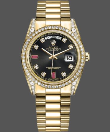 Replica Rolex Day-Date 118388 Yellow Gold Black Diamond Rubies Dial 36mm Unisex Watch