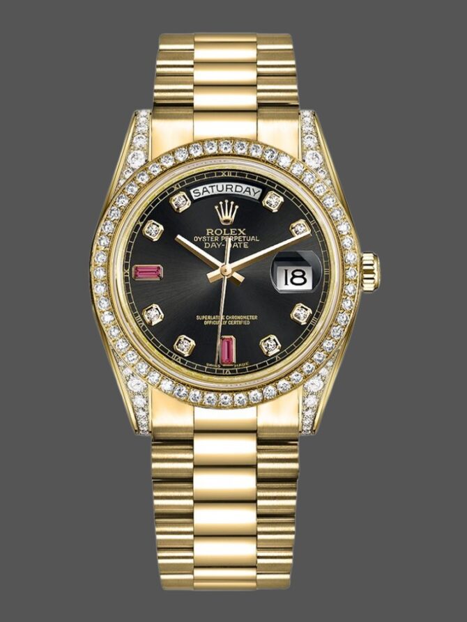 Replica Rolex Day-Date 118388 Yellow Gold Black Diamond Rubies Dial 36mm Unisex Watch