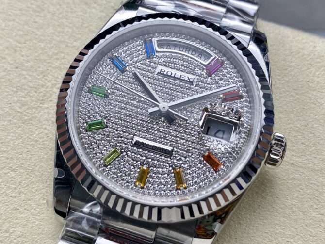 Replica Rolex Day Date 36mm White Gold 128239 0016 Pave Rainbow Diamond Dial
