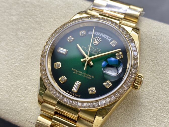 Replica Rolex Day-Date 128348RBR Green Ombre Diamond Dial Yellow Gold 36MM Unisex Watch