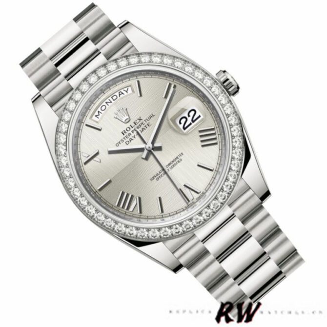 Replica Rolex Day-Date 228398TBR Silver Diagonal Motif Dial Diamond Bezel 40mm Mens Watch